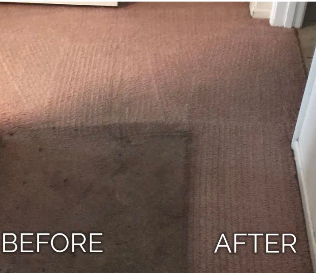 Carpet stain before and after cleaning, with a dark patch removed from beige carpet.