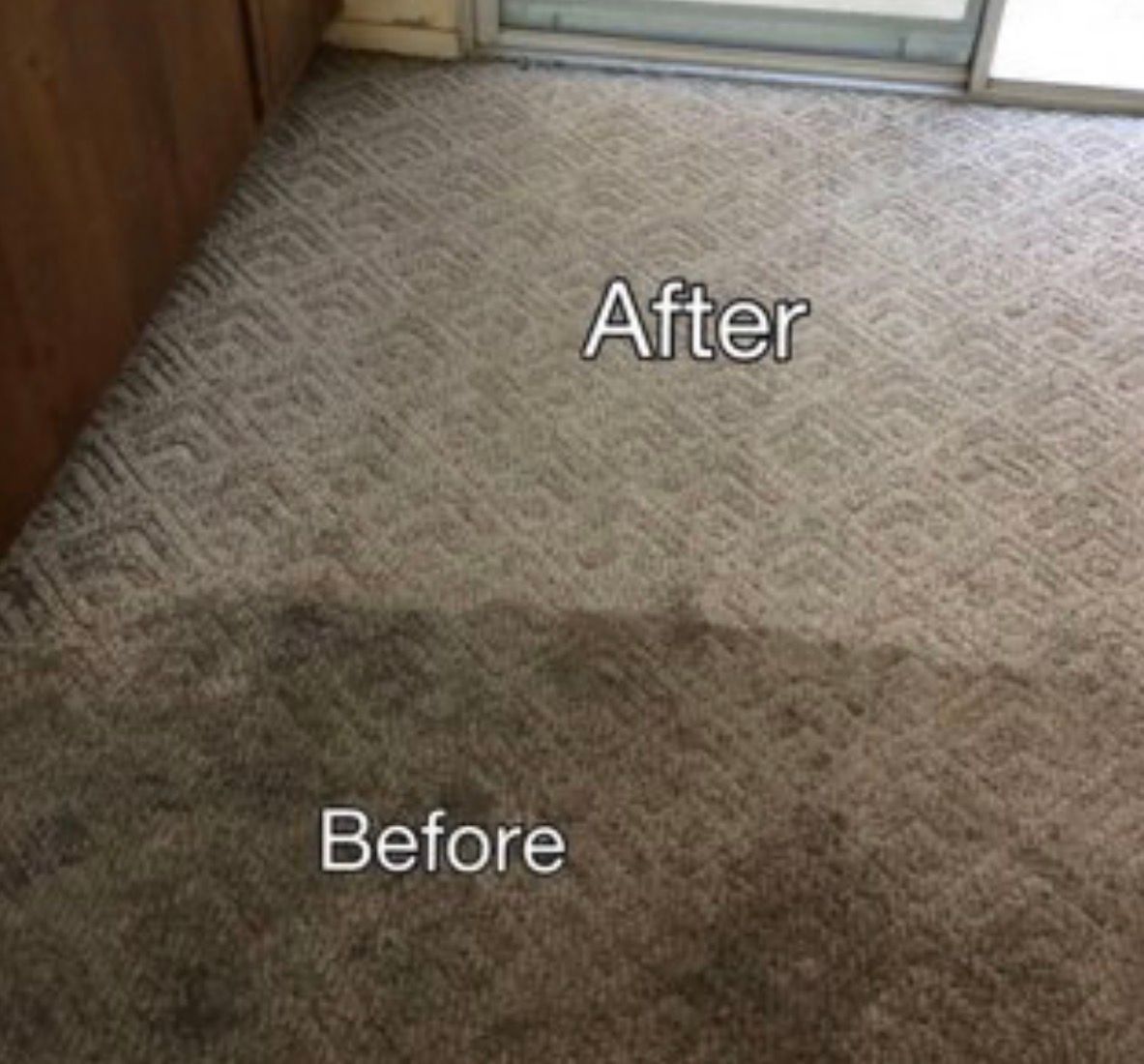 Carpet before-and-after cleaning: stained dark section below, clean lighter section above.