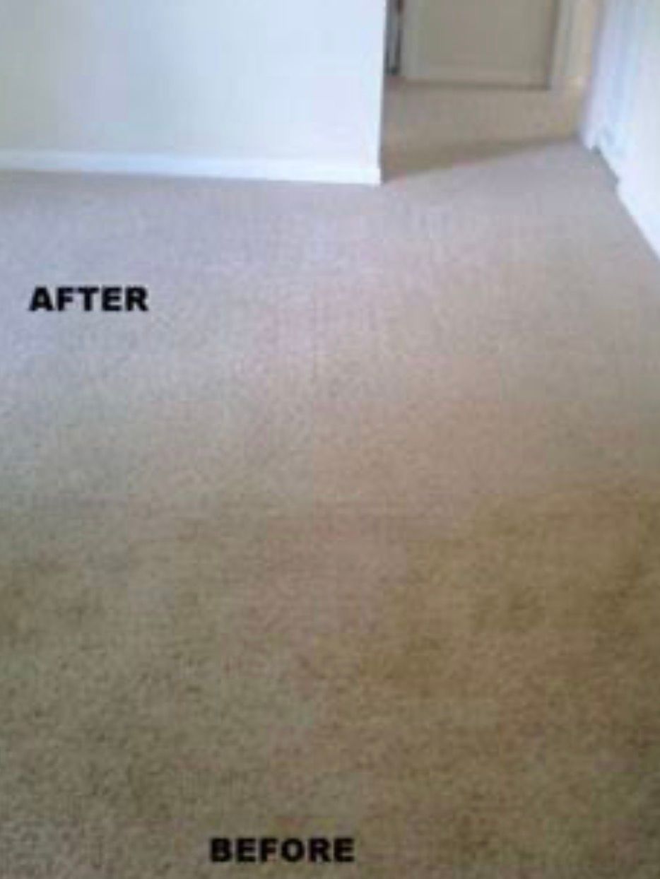 Carpet before and after cleaning, labeled “BEFORE” and “AFTER,” with the after section visibly cleaner.