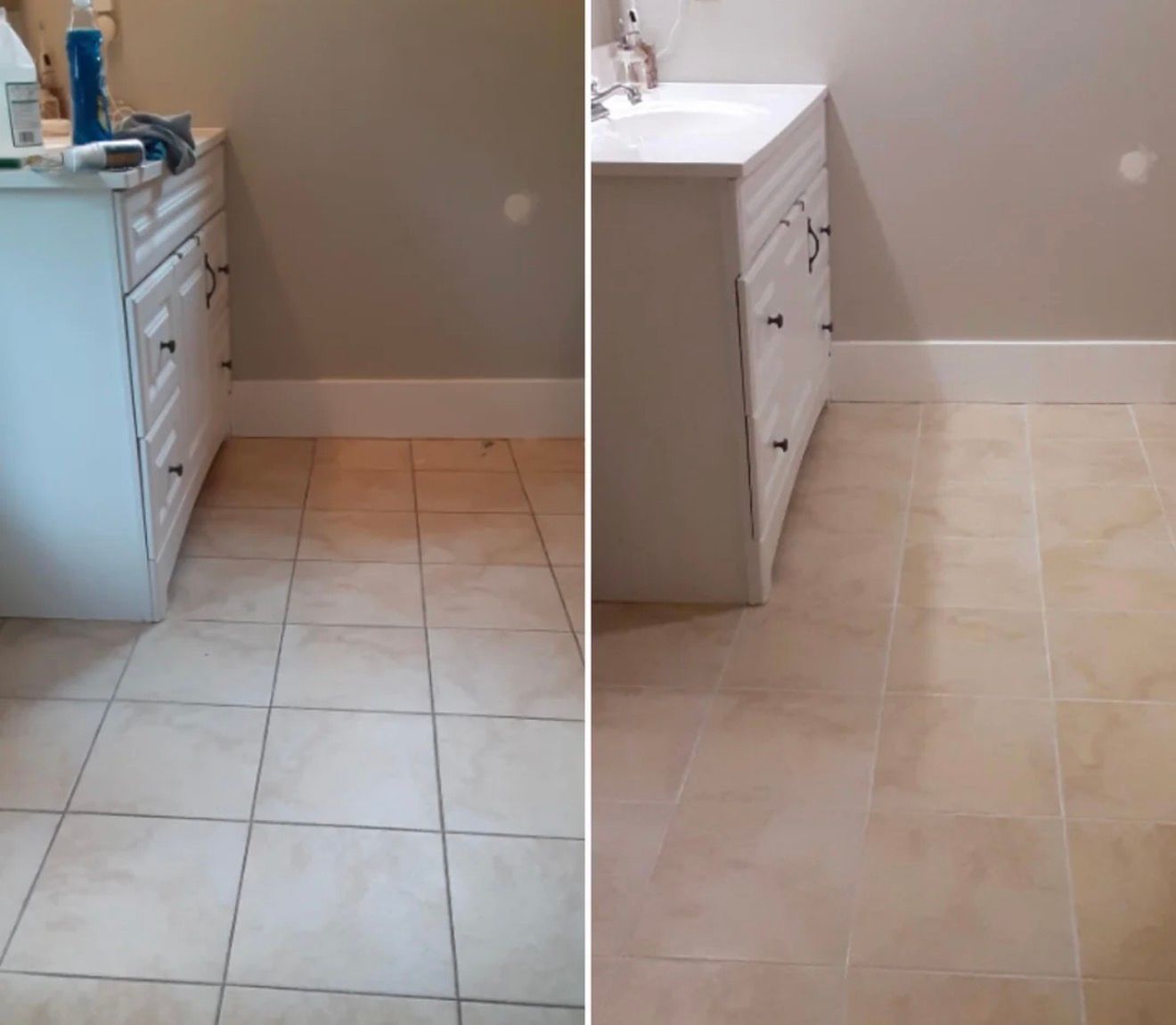 Before-and-after of a tiled bathroom floor, showing grout cleaned from dirty to bright.