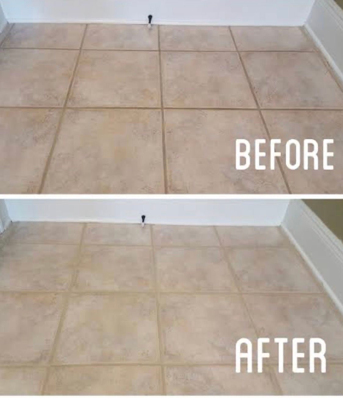 Tile floor before and after cleaning, showing a brighter, cleaner surface after the treatment.