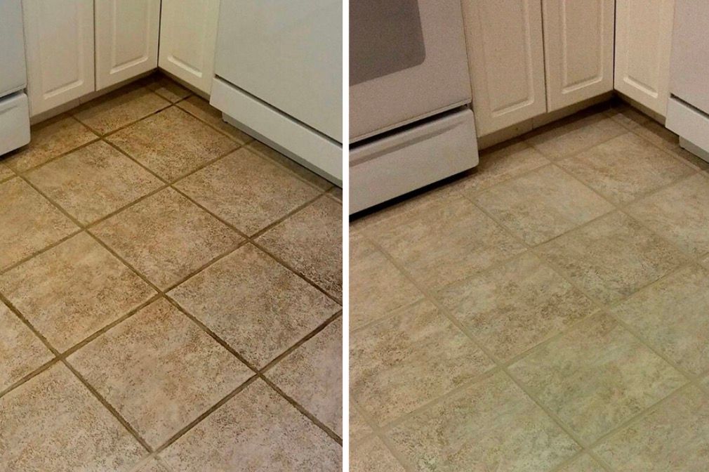 Side-by-side kitchen floor tiles: dirty grout on the left, clean beige tiles on the right.