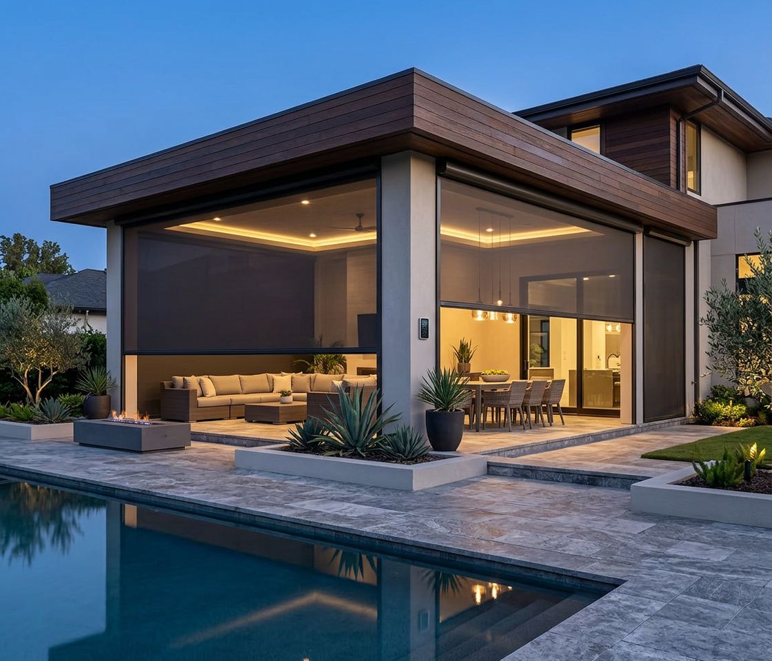 An illuminated outdoor patio with a seating area and dining space beside a pool at dusk, enclosed by dark privacy screens.