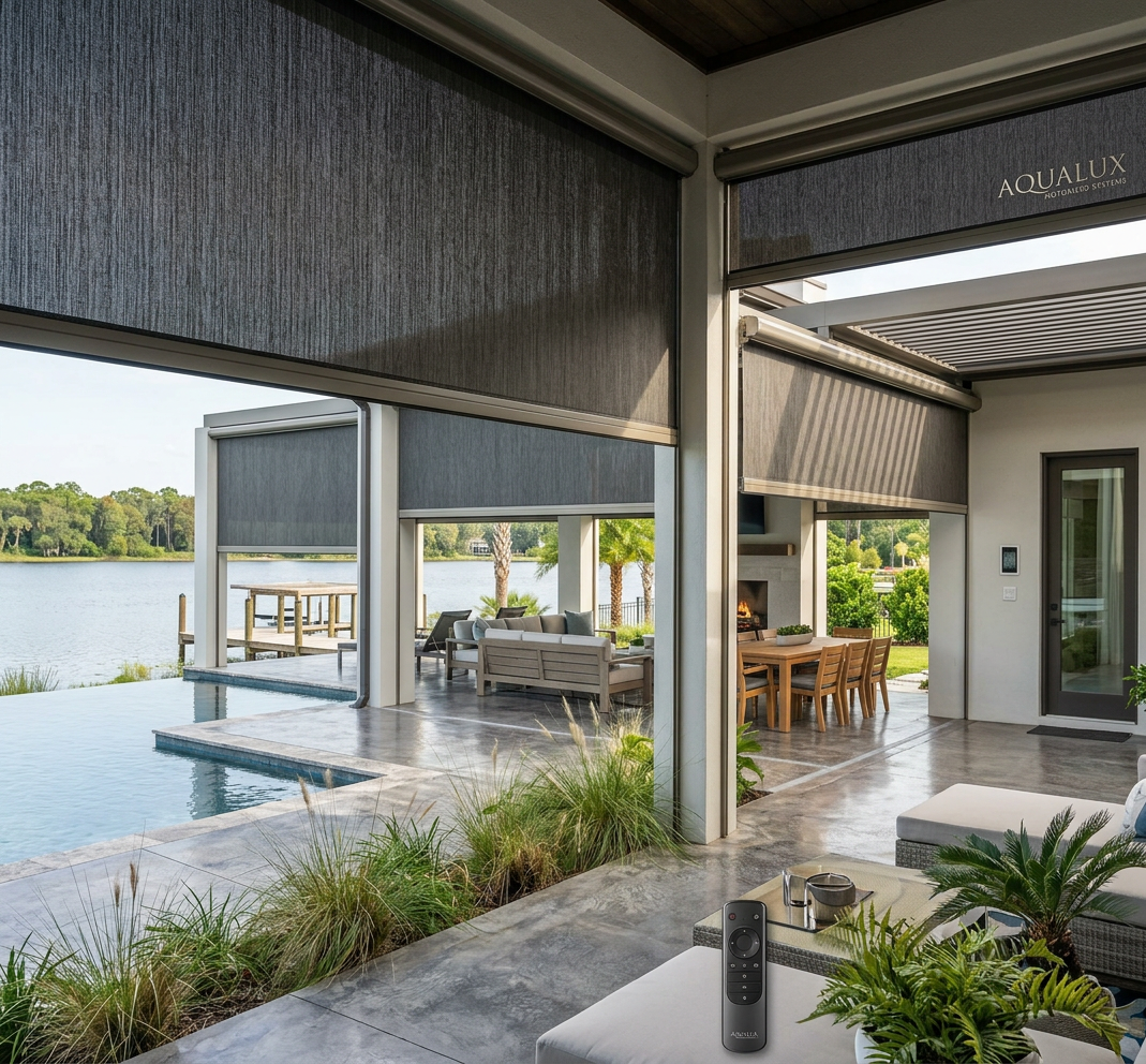 A modern outdoor patio overlooking a lake, featuring retractable dark shades, a pool, and a remote control on a lounge chair.