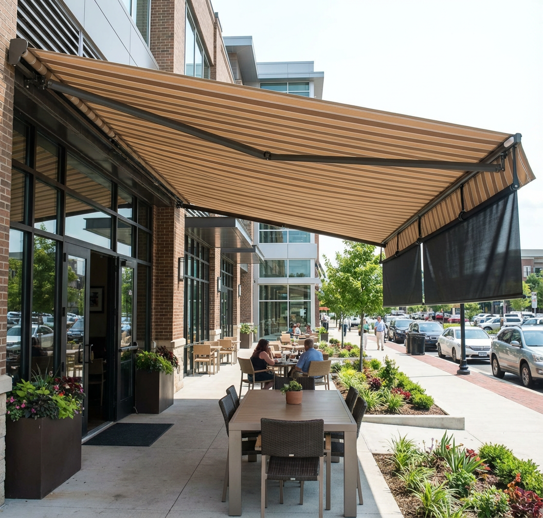 Outdoor seating area at a storefront featuring a large tan striped retractable awning and black vertical shade panel.