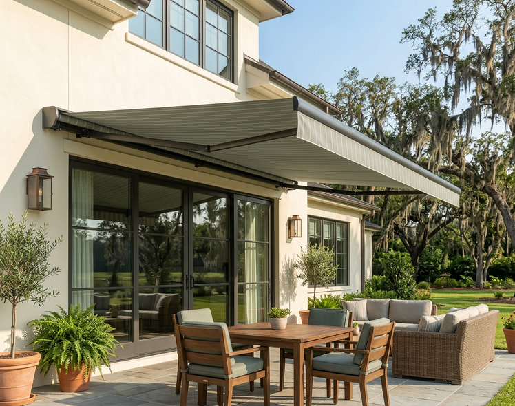 A beige patio with outdoor dining furniture under a large, striped retractable awning attached to a house exterior.