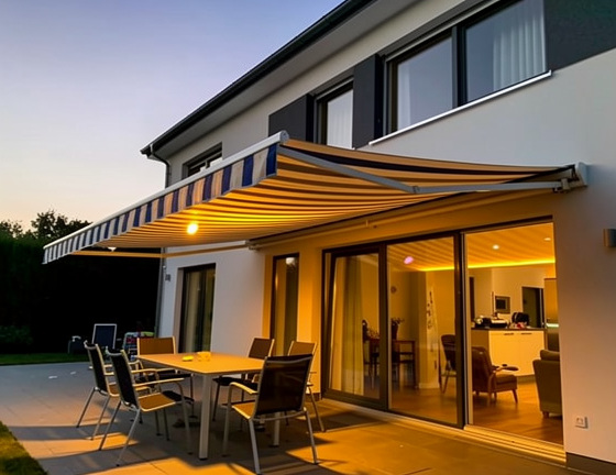 A modern patio with a dining set beneath a striped retractable awning, illuminated by warm evening lights.