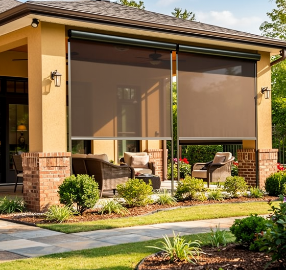 A patio with two retractable brown solar shades extended over a seating area with outdoor furniture and landscaping.