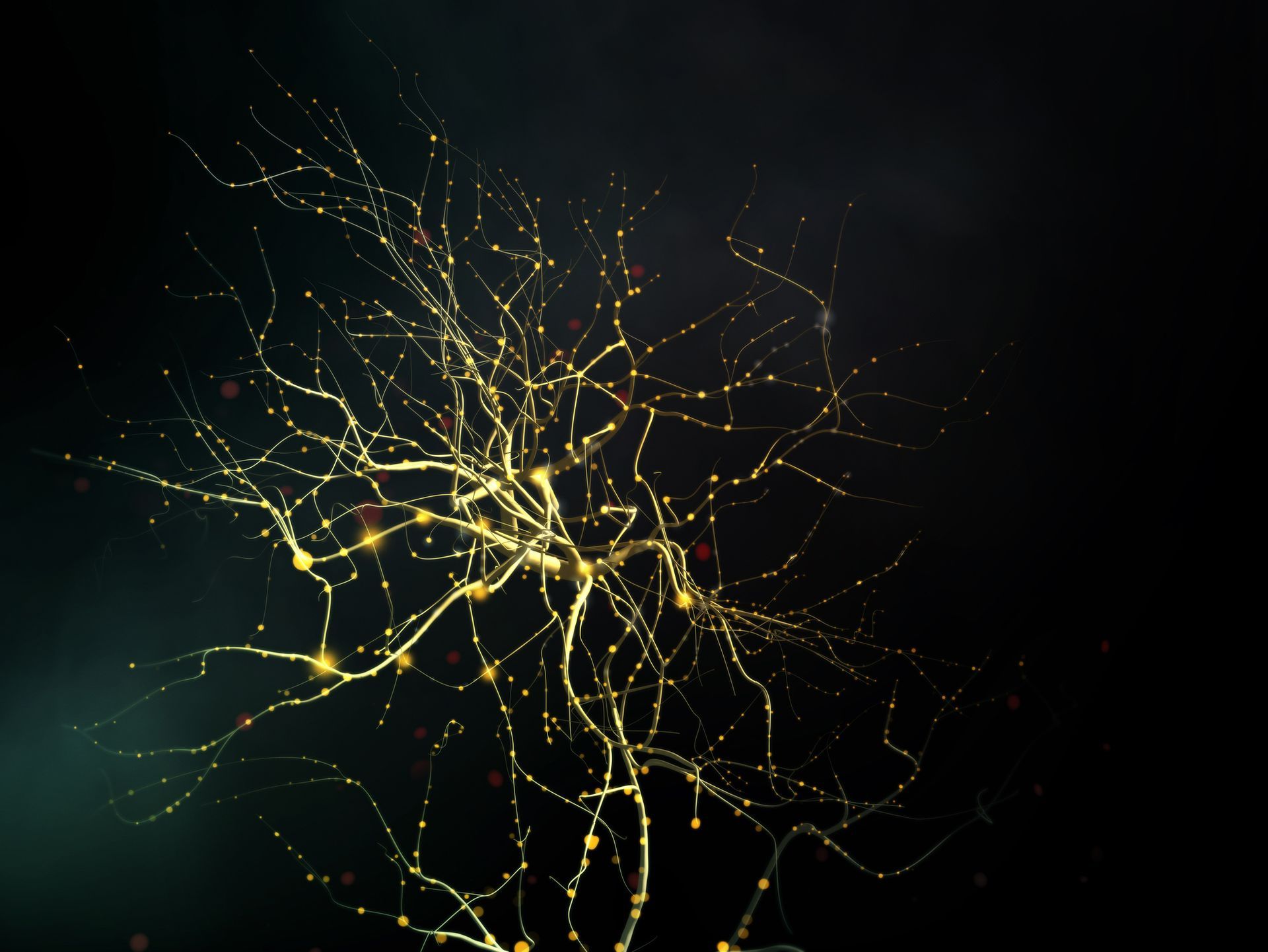Rete neurale luminosa con linee e nodi interconnessi su uno sfondo scuro.