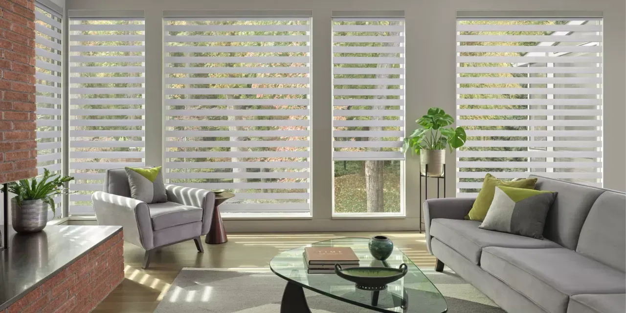 Neutral-toned Hunter Douglas banded shades 