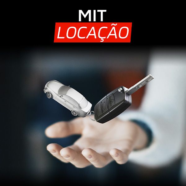 Mão segurando um carro e uma chave de carro; logotipo do MIT Locação em vermelho e branco sobre fundo preto.