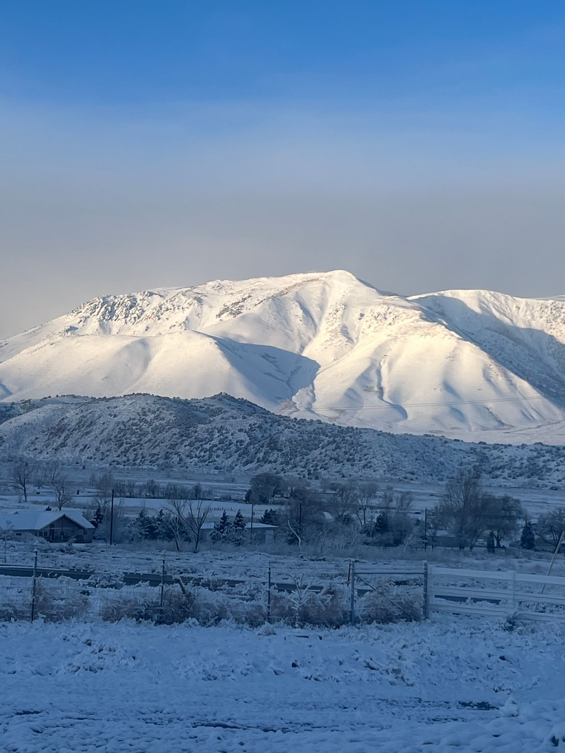 A snowy landscape with mountains in the background