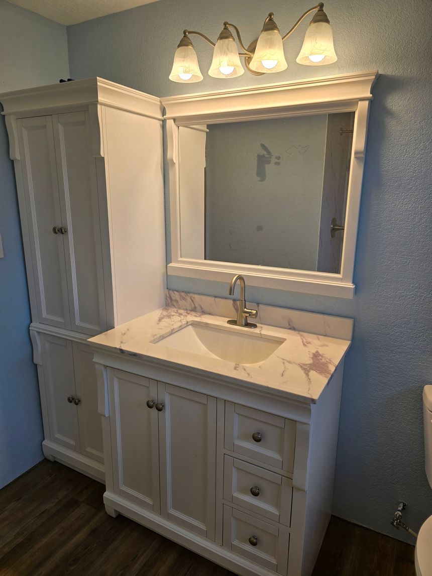 A before and after picture of a bathroom with a sink and toilet.
