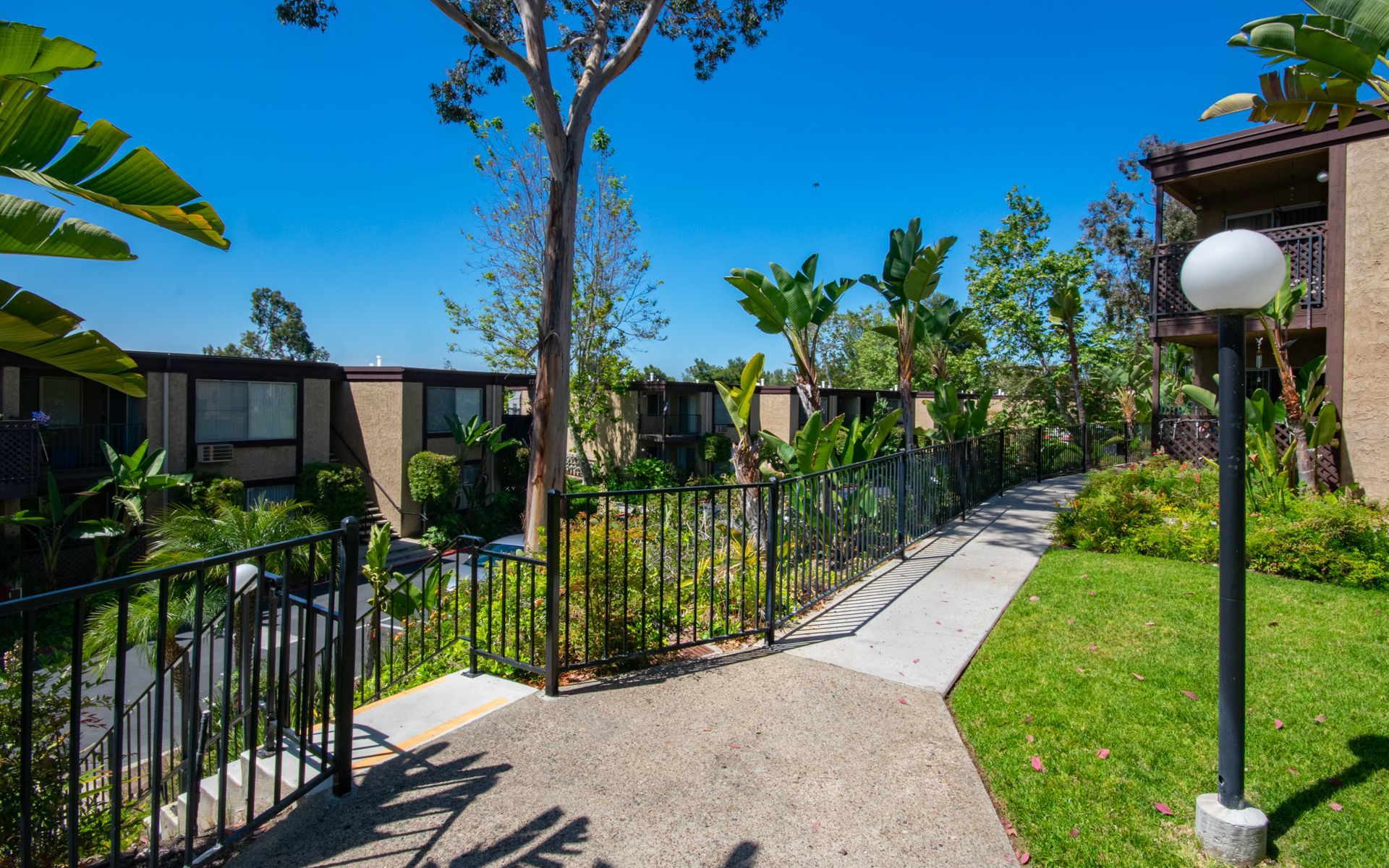 Pathway through a residential area with lush landscaping and apartment buildings on a sunny day.