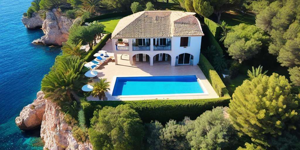 Una vista aérea de una casa con una gran piscina