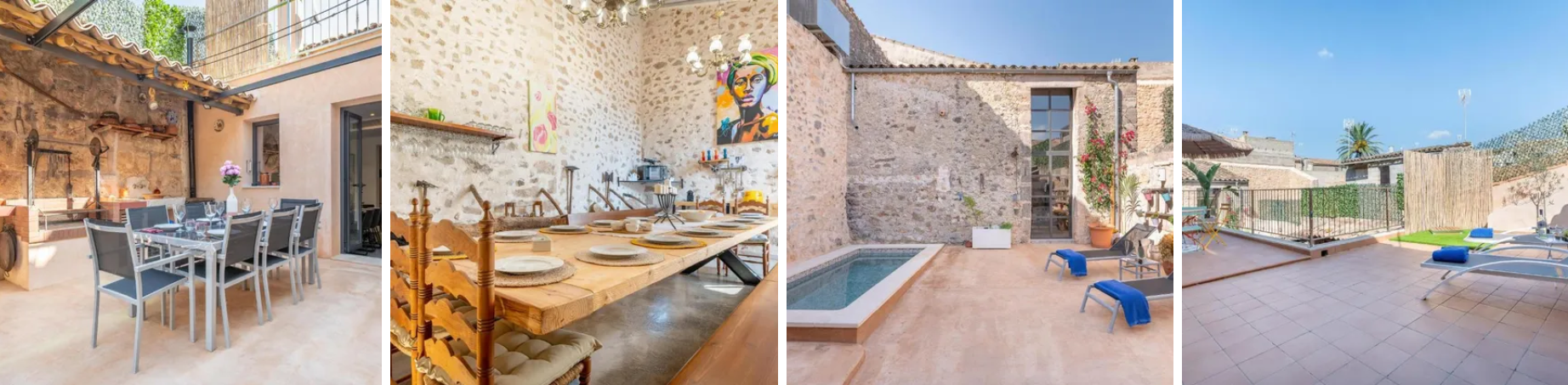 Un collage de cuatro fotografías de una casa con mesas, sillas y piscina.