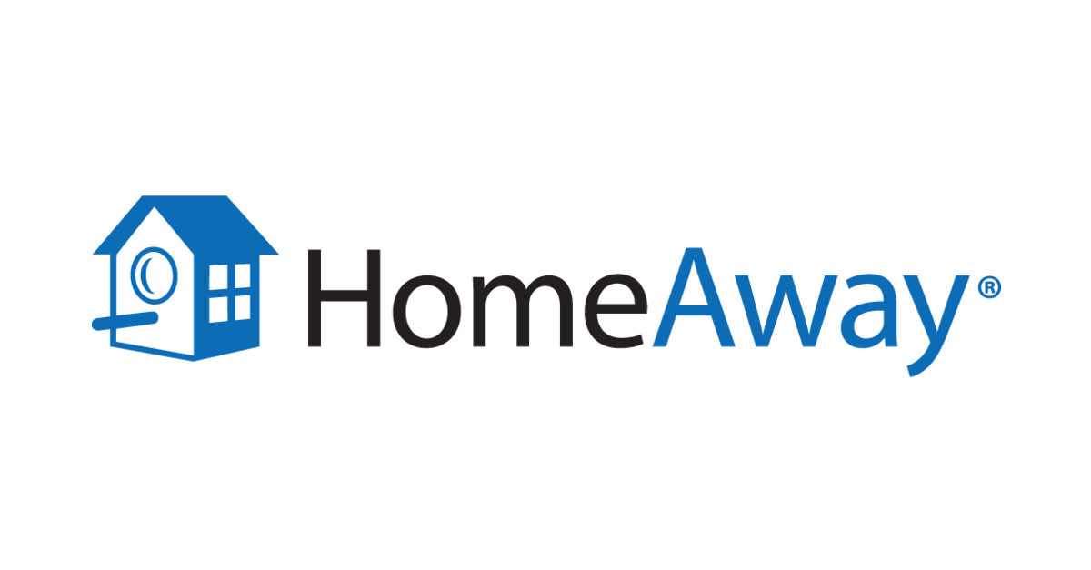 Logotipo de HomeAway: casa de pájaros azul con lupa, texto