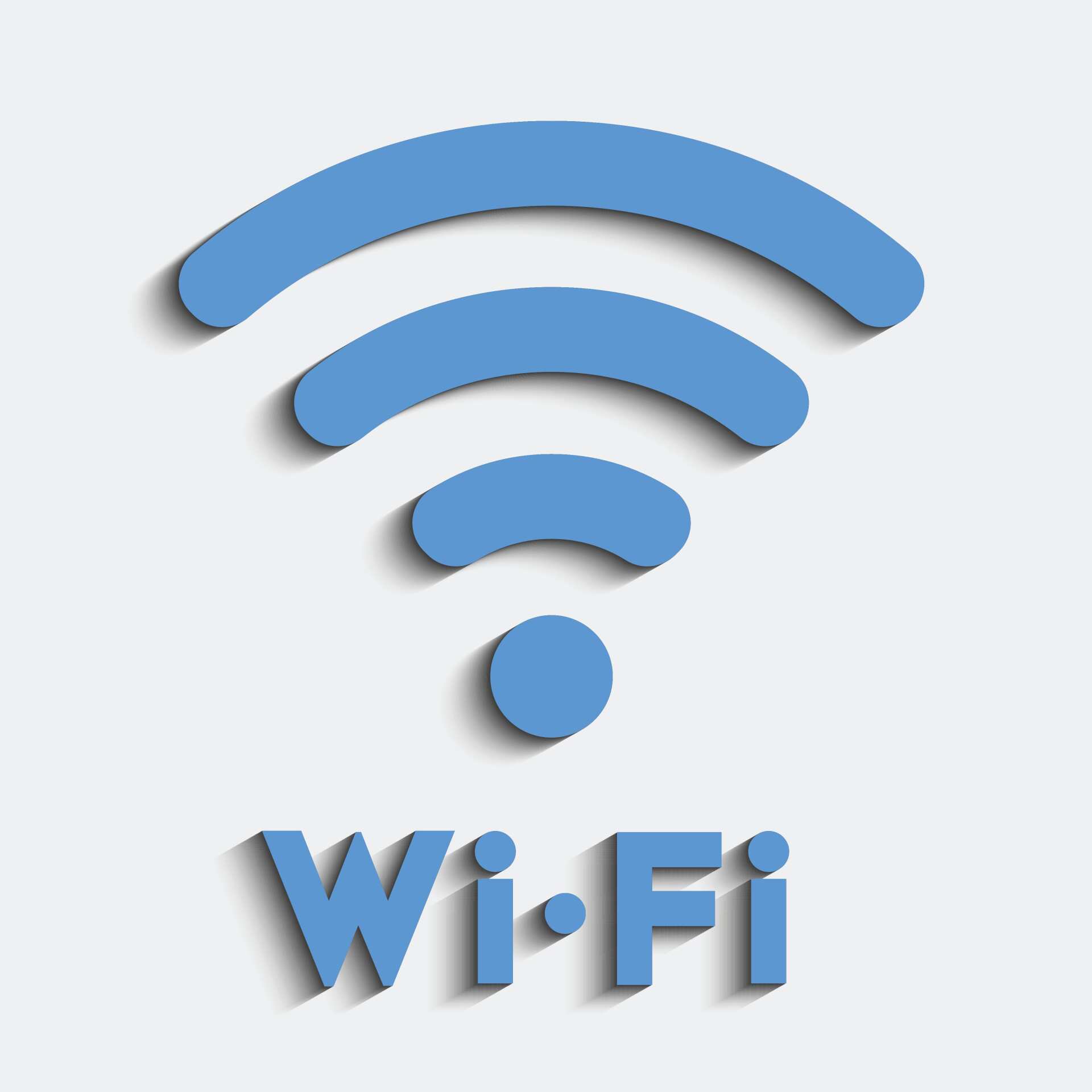 Icono de señal Wi-Fi azul con arcos curvos que irradian hacia arriba. Texto 