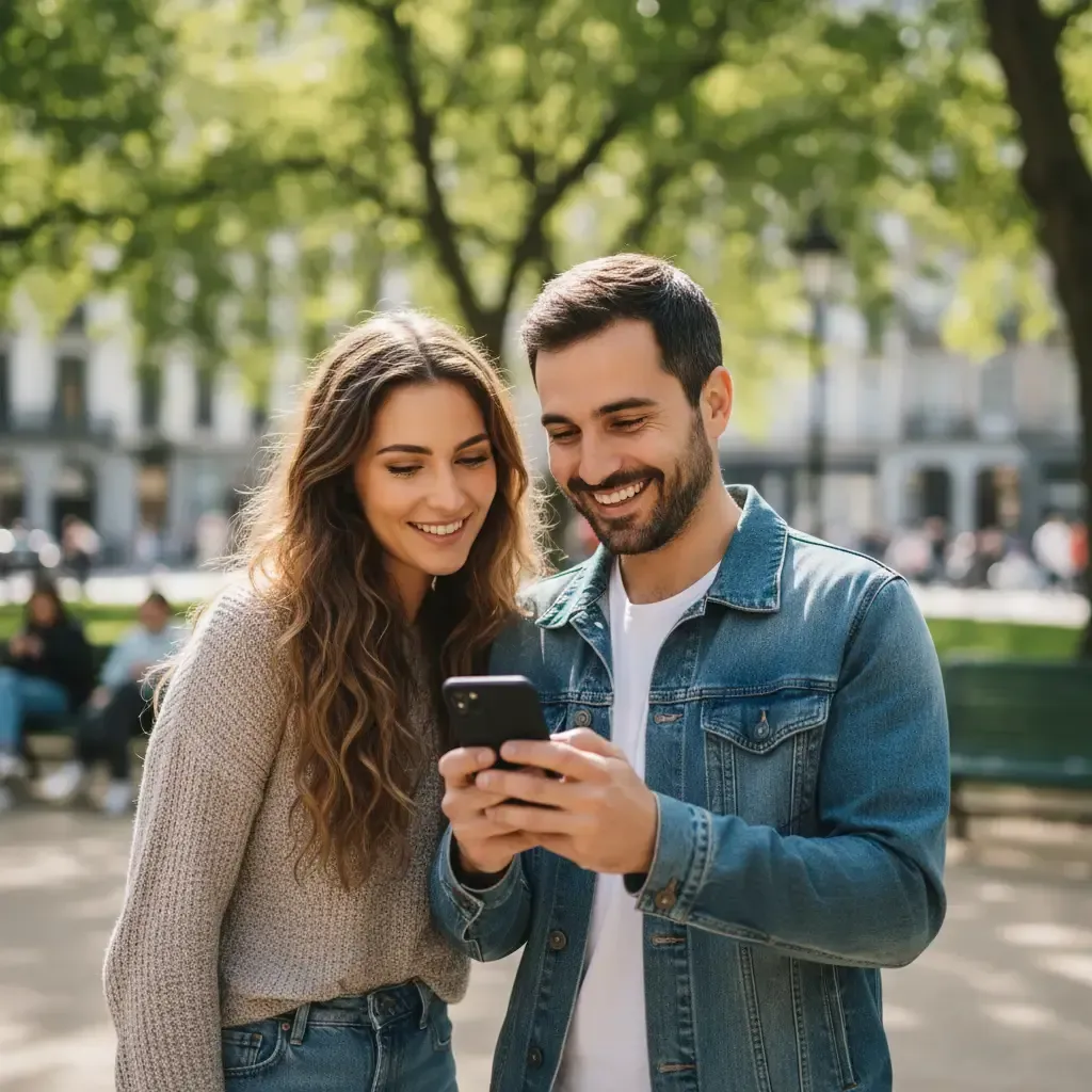 Pareja mirando el teléfono al aire libre, sonriendo. Árboles verdes y un parque al fondo.
