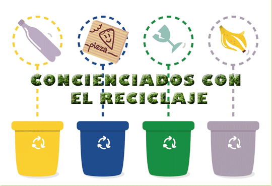 Cuatro contenedores de reciclaje con las palabras "concienciados con el reciclaje" encima