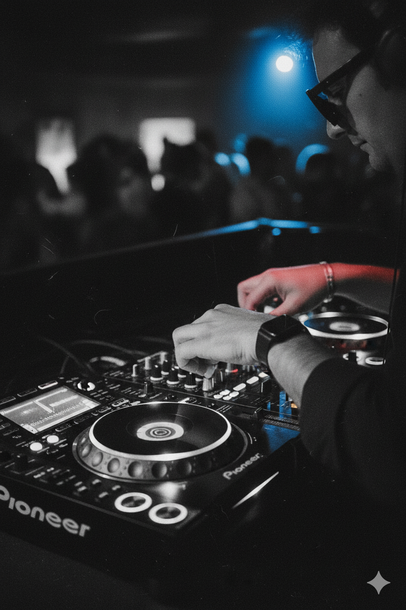 DJ en una discoteca, visto de perfil, con las manos en los platos. Ambiente oscuro, iluminación azul y roja, equipo Pioneer.
