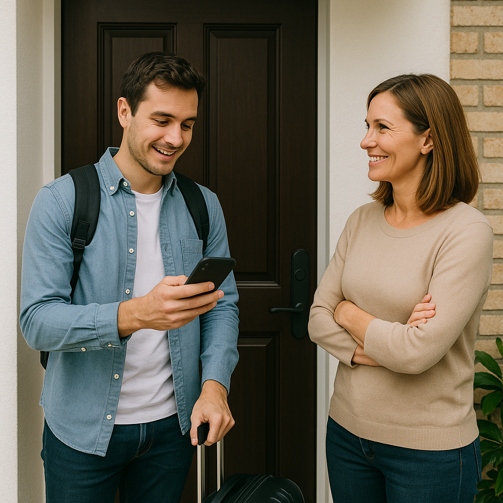 Man with backpack and suitcase shows phone to woman by a door.
