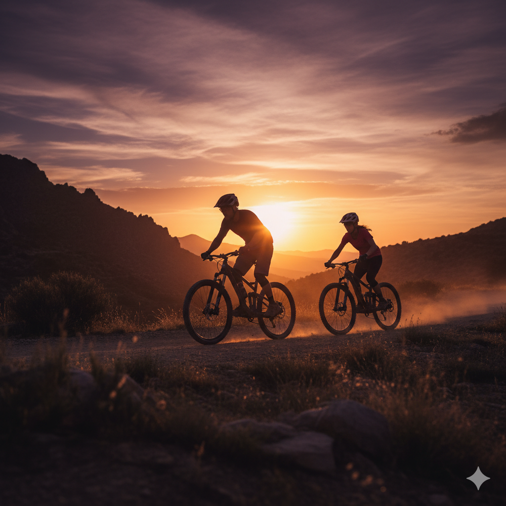 Dos ciclistas montando en bicicleta por un camino de tierra durante una puesta de sol sobre las montañas.