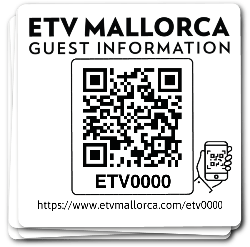 Un código qr para información de huéspedes de etv mallorca con una mano sosteniendo un teléfono celular.