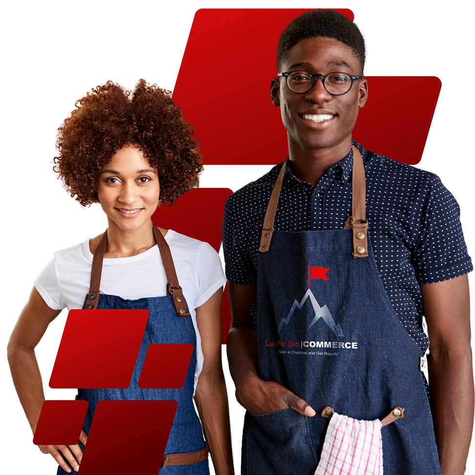 a man and a woman wearing aprons are standing next to each other