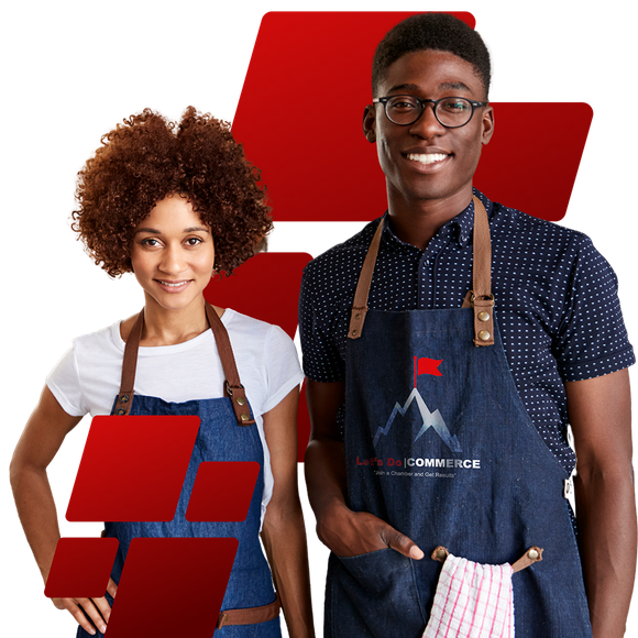 a man and a woman wearing aprons are standing next to each other