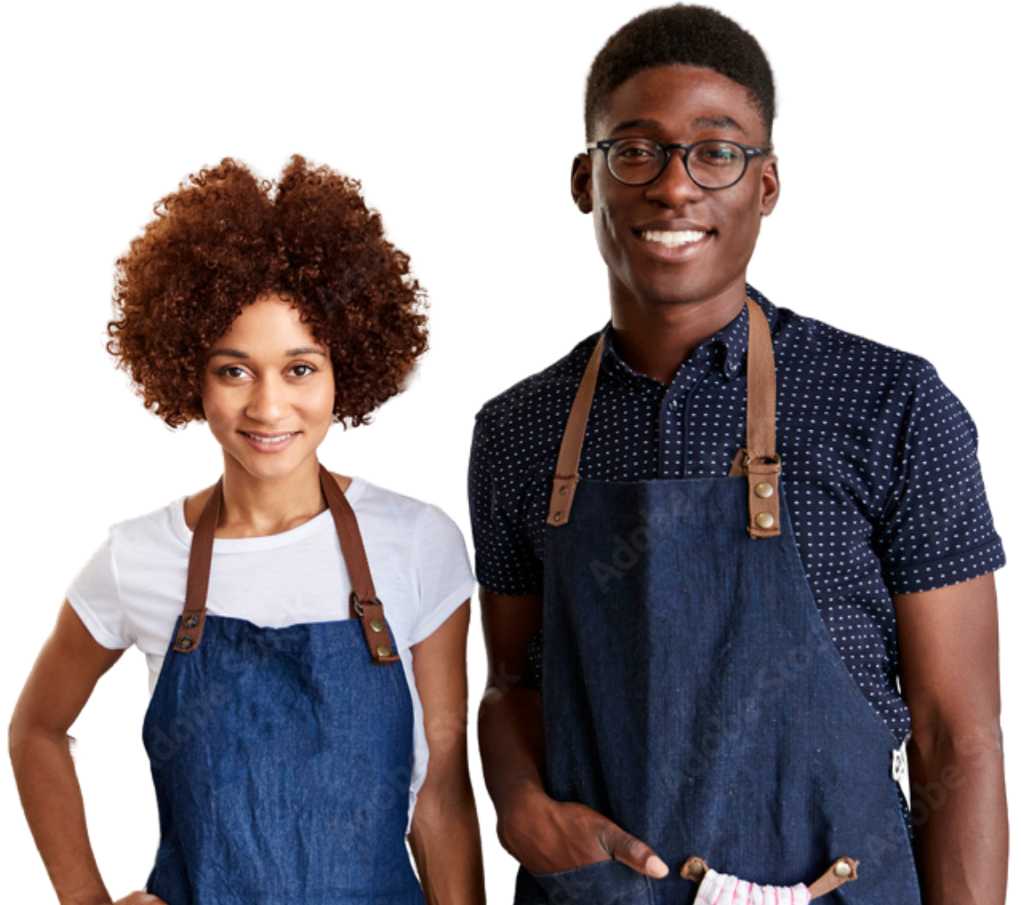 a man and a woman wearing aprons are standing next to each other