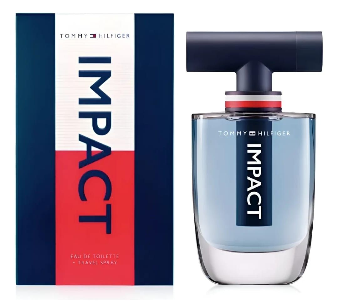 Botella y caja de colonia Tommy Hilfiger Impact; combinación de colores azul, blanco y rojo.