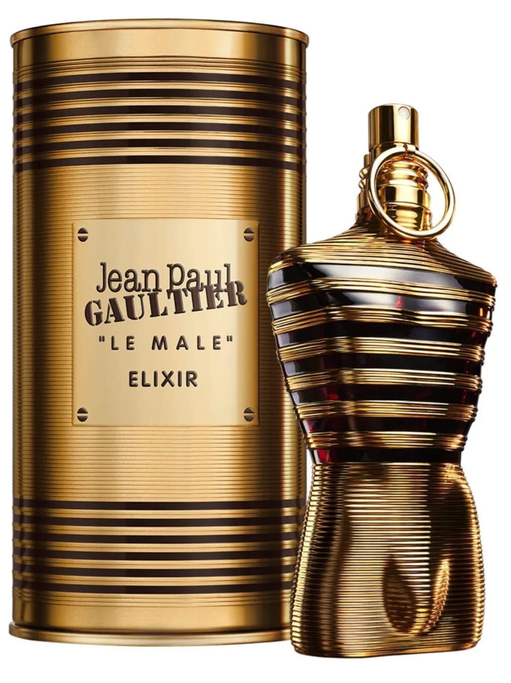 Perfume Jean Paul Gaultier Le Male Elixir en lata dorada y botella en forma de torso con detalles dorados.