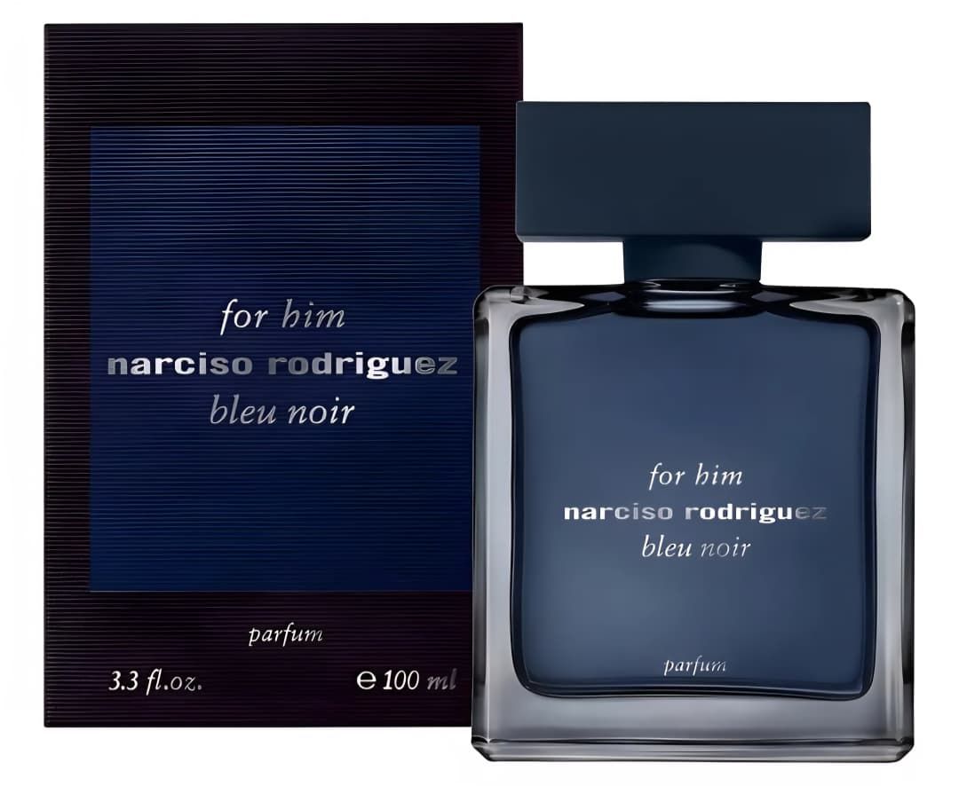 Frasco y caja del perfume Bleu Noir for Him de Narciso Rodríguez, tonos azul oscuro.