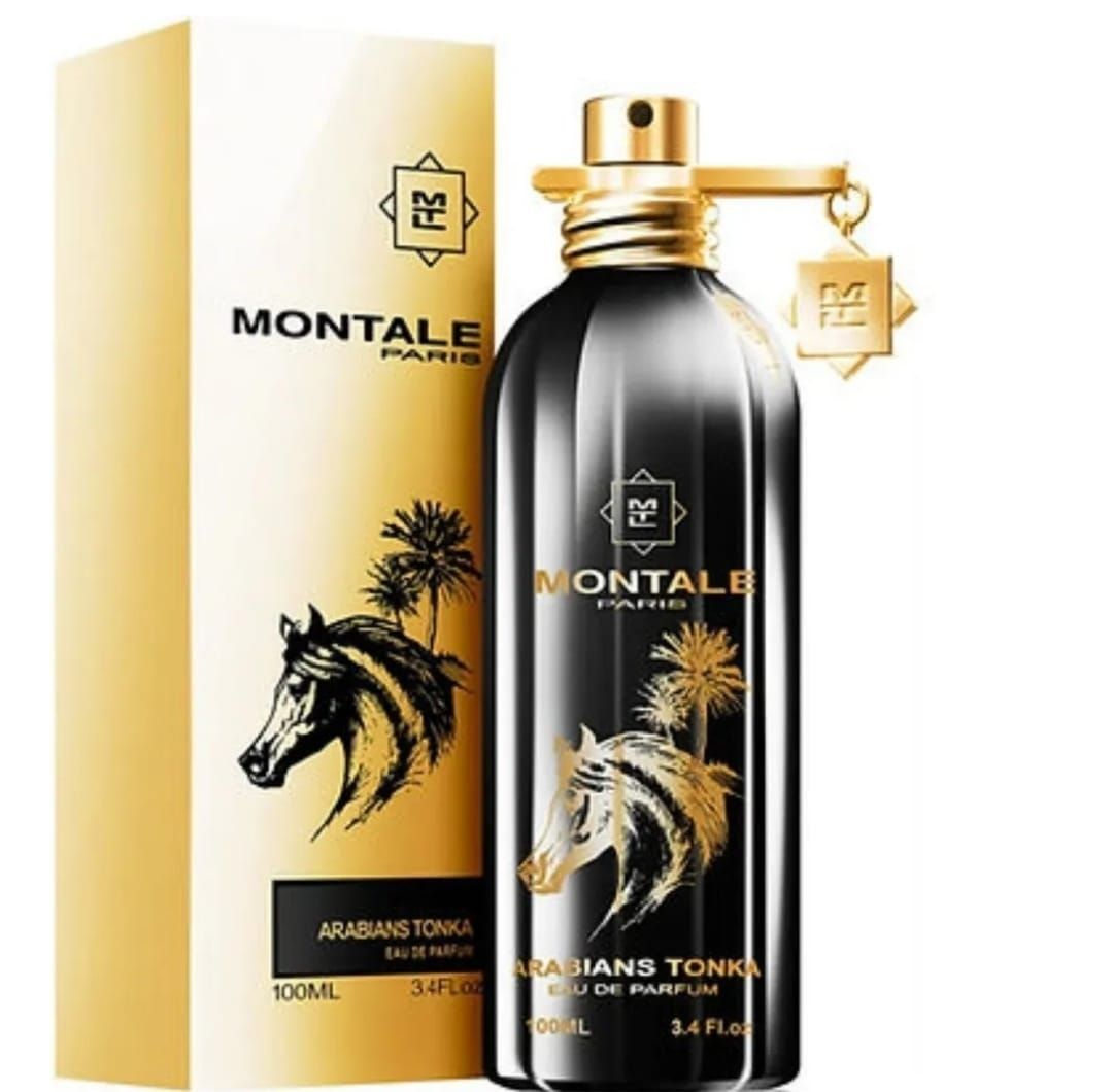 Frasco y caja de perfume Montale Arabians Tonka, color negro y dorado.