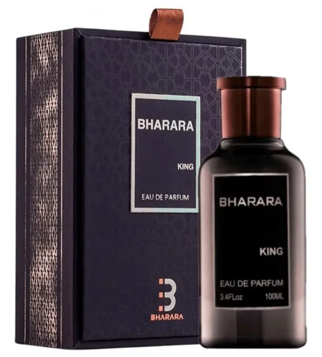 Perfume Bharara King con caja. Colores oscuros: negro, marrón y plateado.