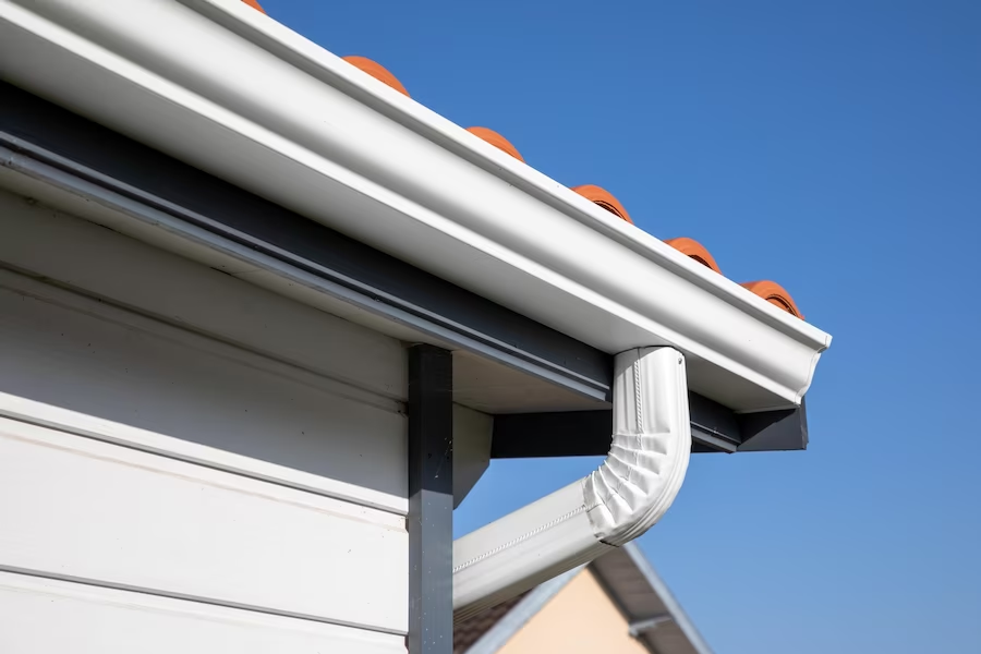 A close up of a white gutter on the side of a house.