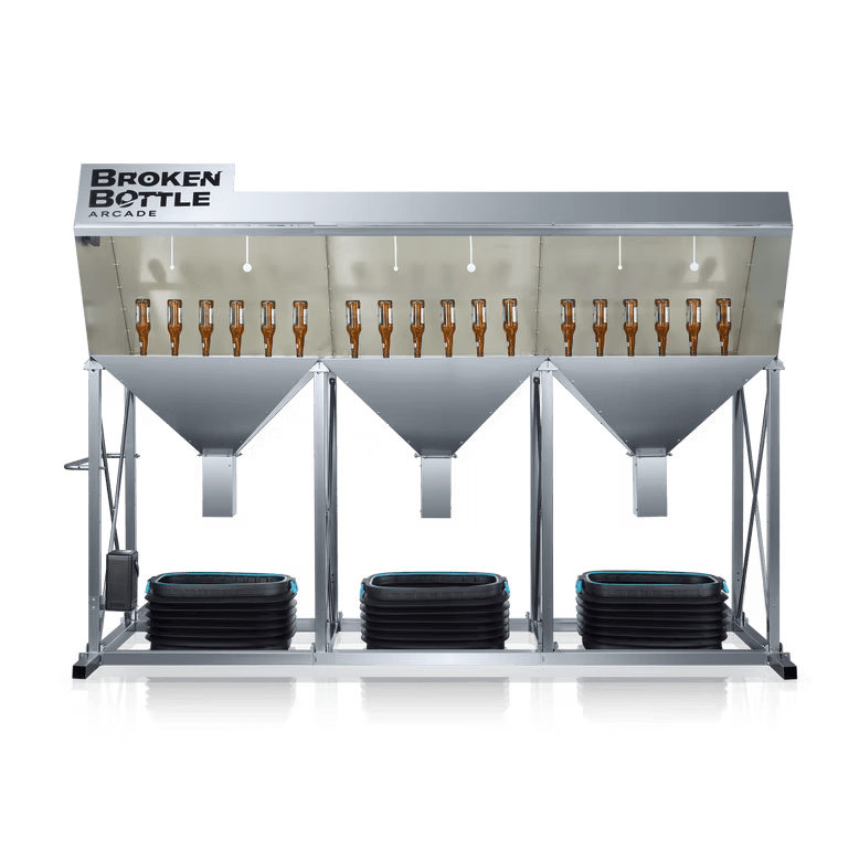 A machine with three funnels for sorting bottles, labeled 