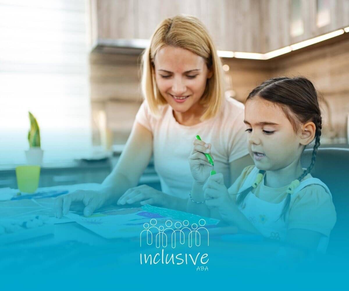 ABA therapist helps autistic girl with a colorful art project in ABA therapy.