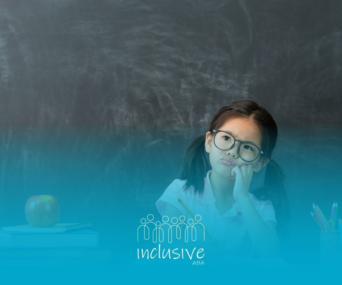 Girl in glasses looks thoughtful in front of a chalkboard. Logo: inclusive.