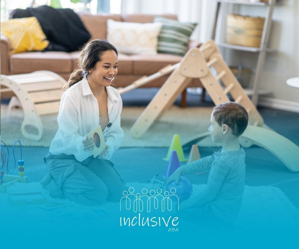 Therapist and child playing on the floor in a bright playroom, with the word “inclusive” overlaid