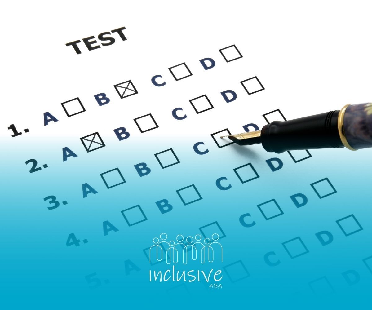 A test form with multiple-choice questions; a pen marks a selected answer.