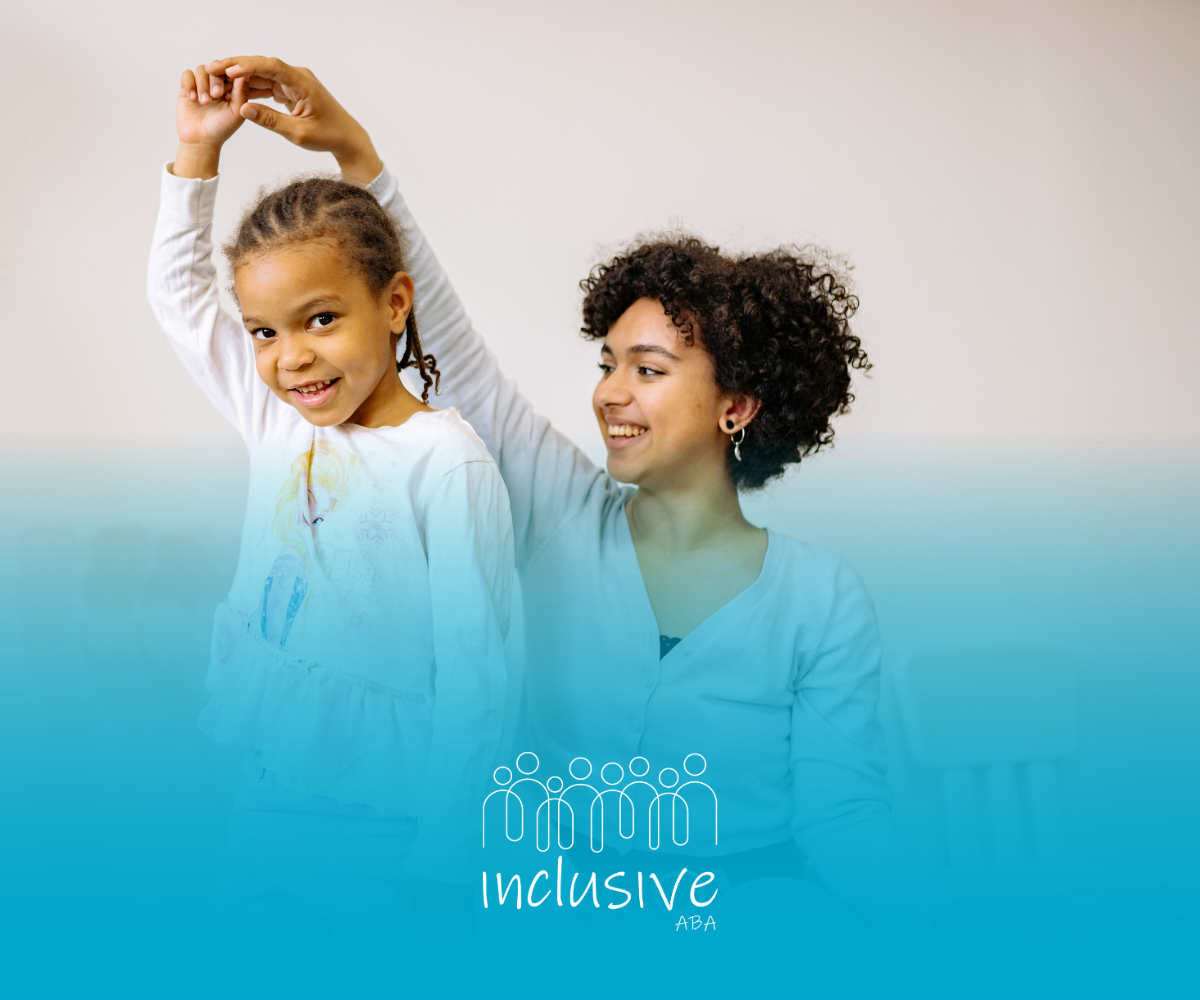 Two people smiling as one raises their arms to form a heart shape over the other’s head, against a blue-faded background.