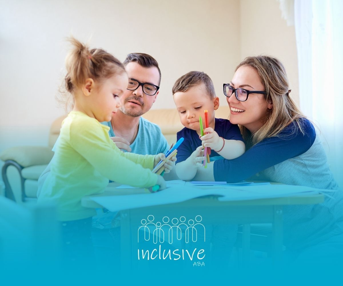 Family drawing together at a table. Two children, parents, and colorful markers. Bright, home setting.