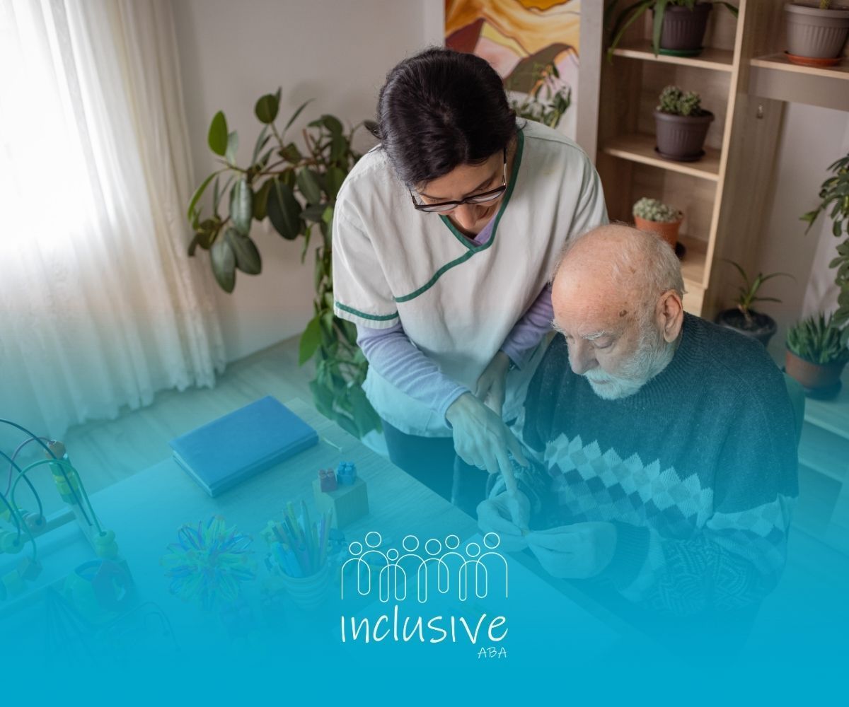 Caregiver assisting an older adult at a table. Indoor setting with plants. Focus on hand contact.