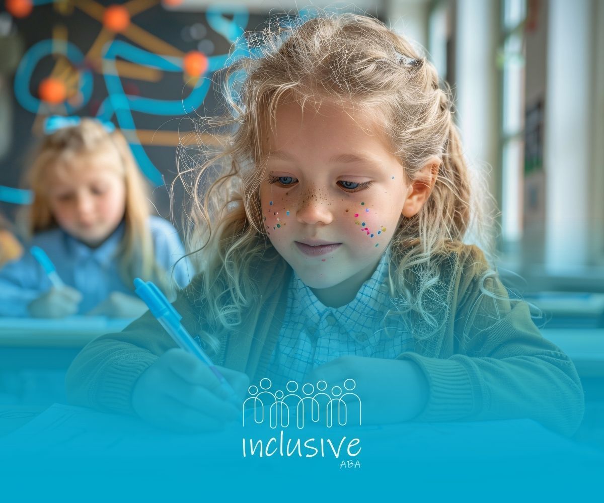 A young girl writing at a desk, light blue accents, another girl blurred in the background, 