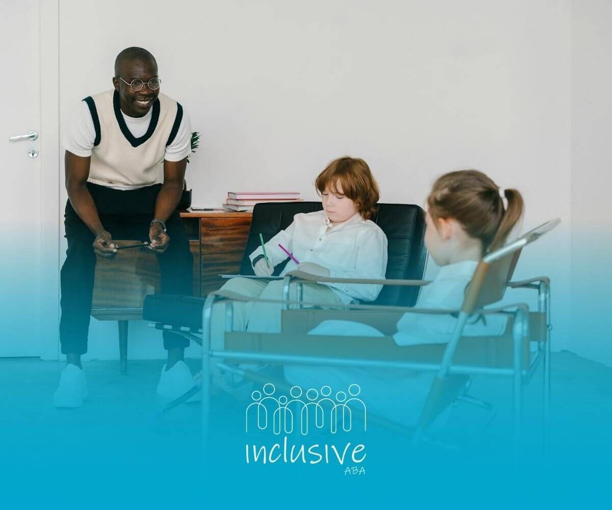 An ABA therapist talking with two autistic children during an ABA therapy session in Nebraska.