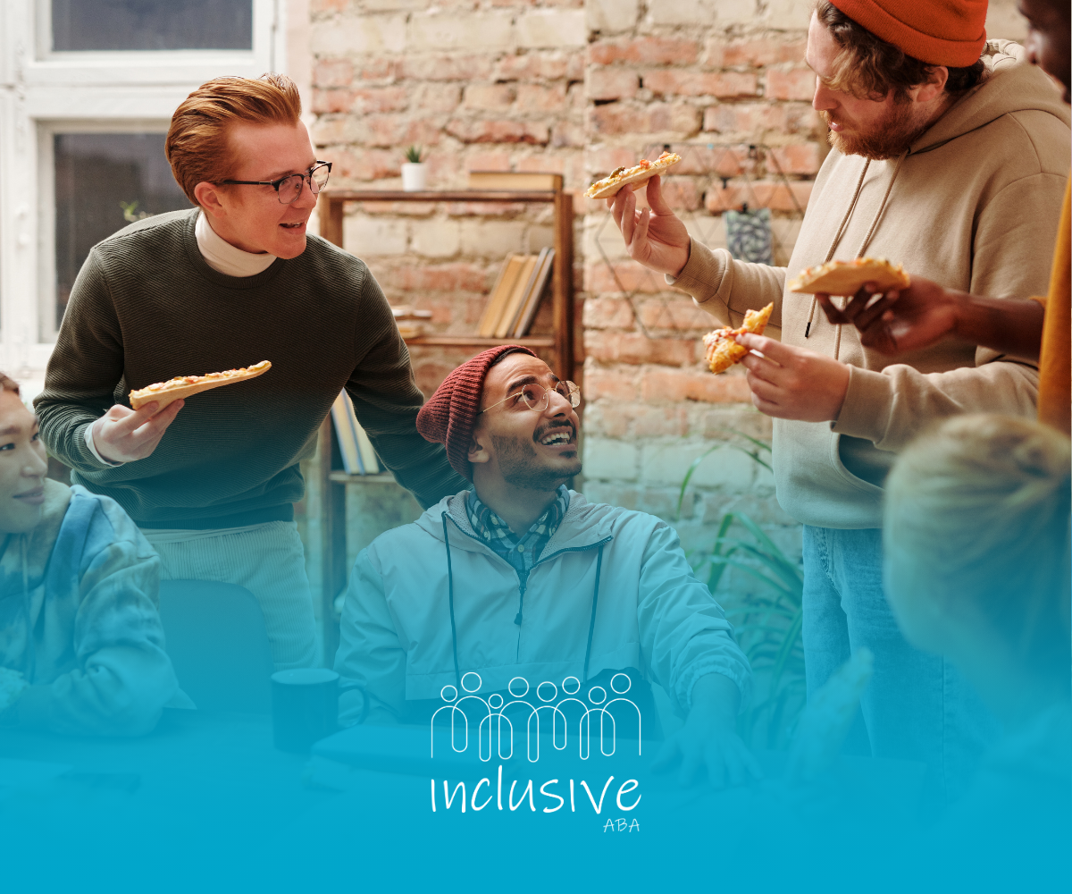 A group of people are eating pizza together in a room.