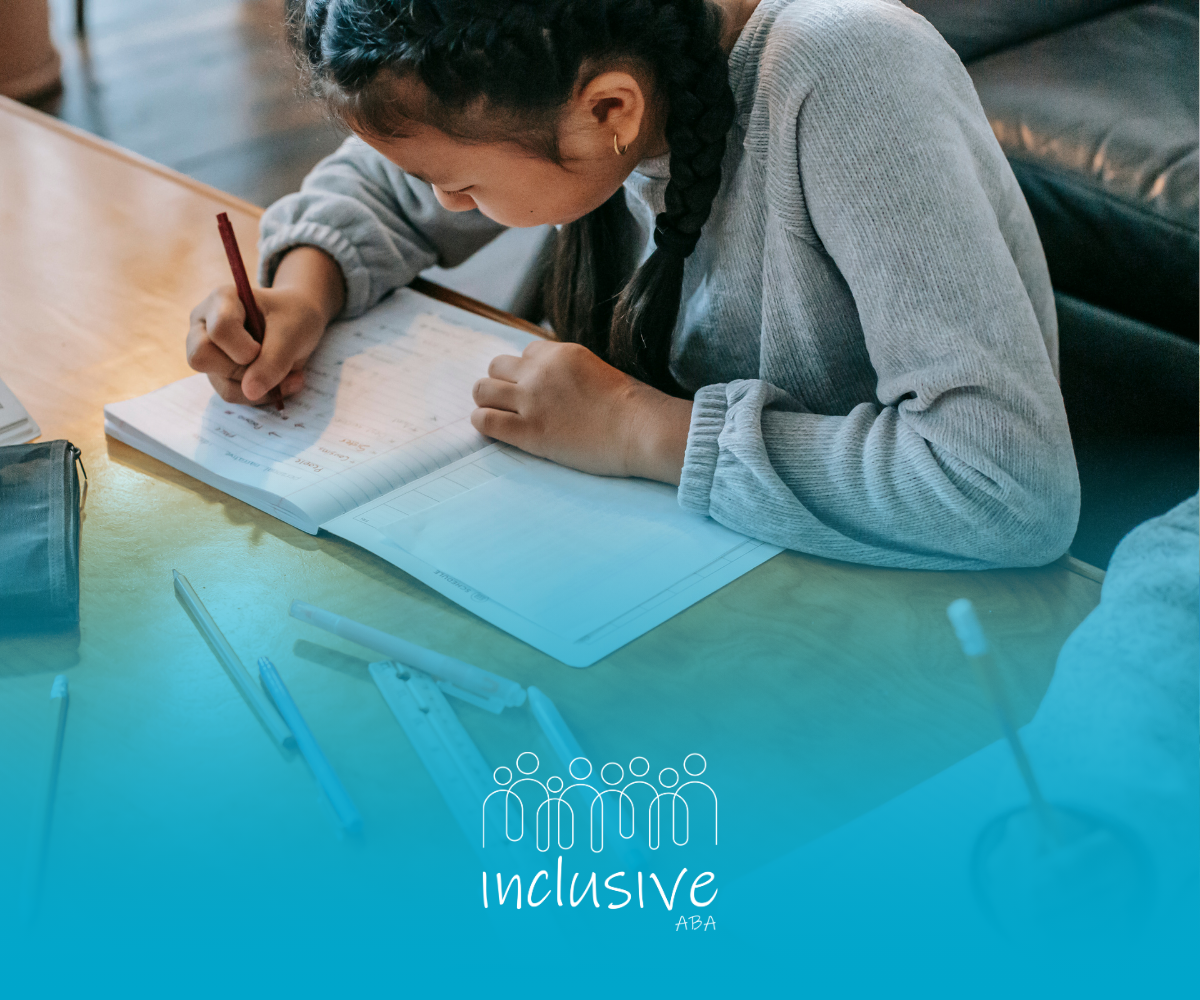 A young girl is sitting at a table writing in a notebook.