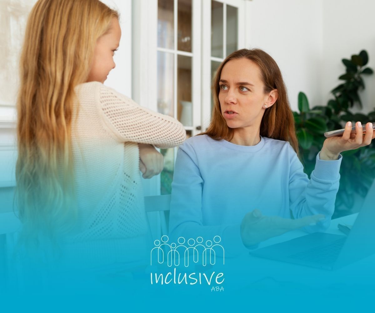 ABA Therapist explaining something to her daughter, who is playing with wooden puzzle shapes.